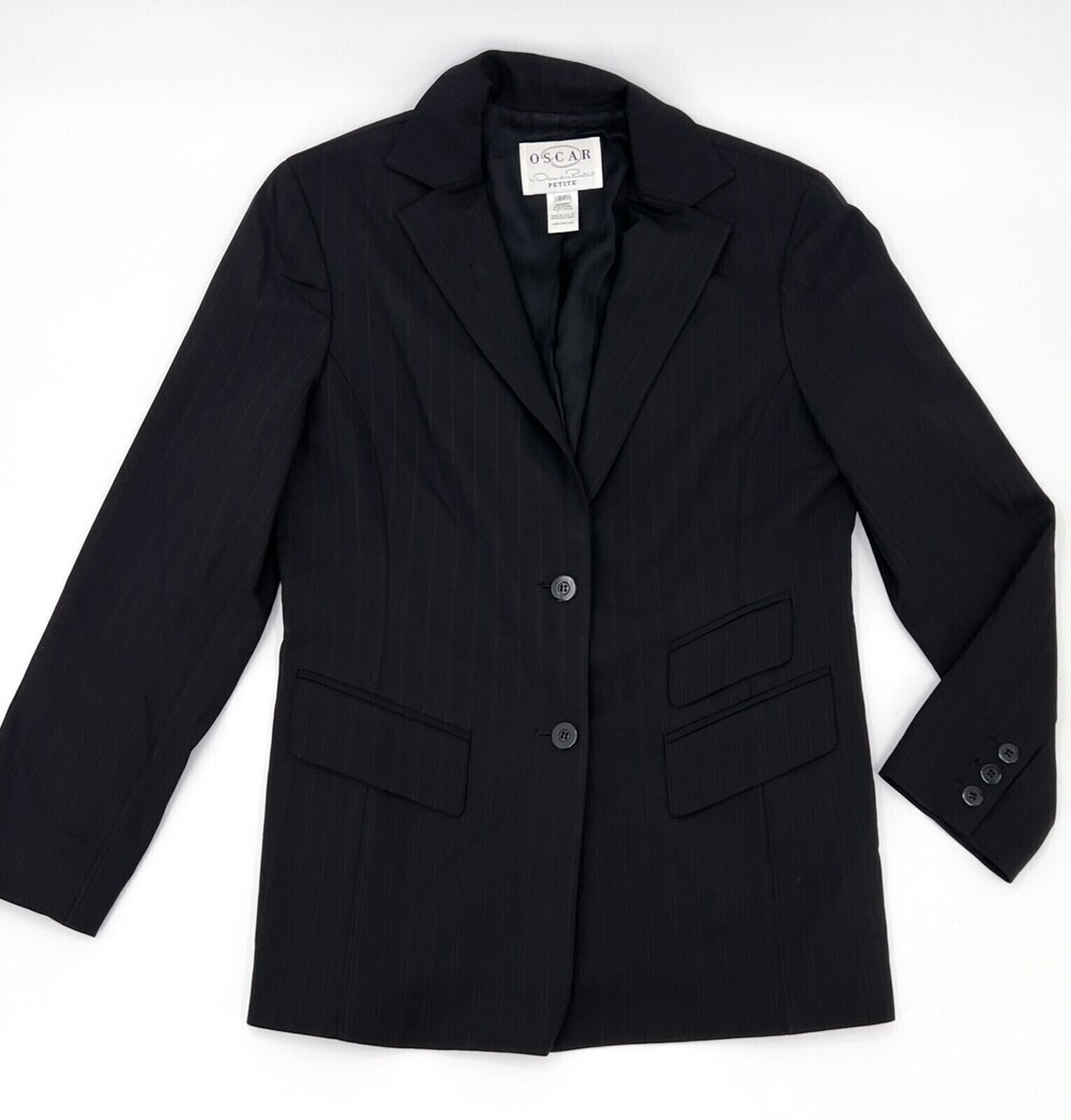 Oscar De La Renta Jacket Womens 8 Petites Black Pinstripe Lined Shoulder Padded